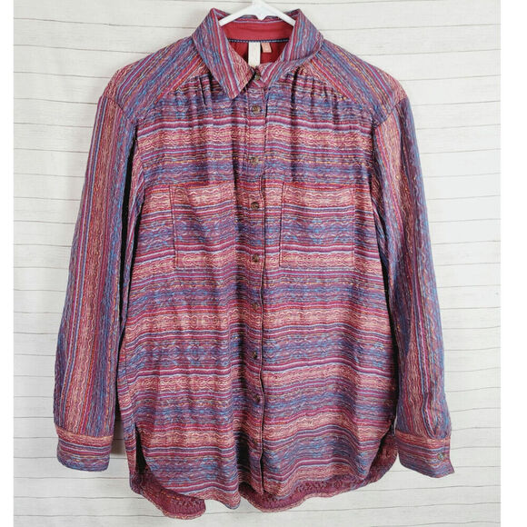 Pilcro Metallic Striped Oversized Buttondown Blouse in Plum, sz Small - Picture 1 of 15